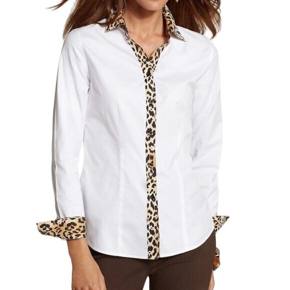 Chico's White Blouse with Leopard Trim Effortless Naya Top No Iron Womens XL - Picture 8 of 8